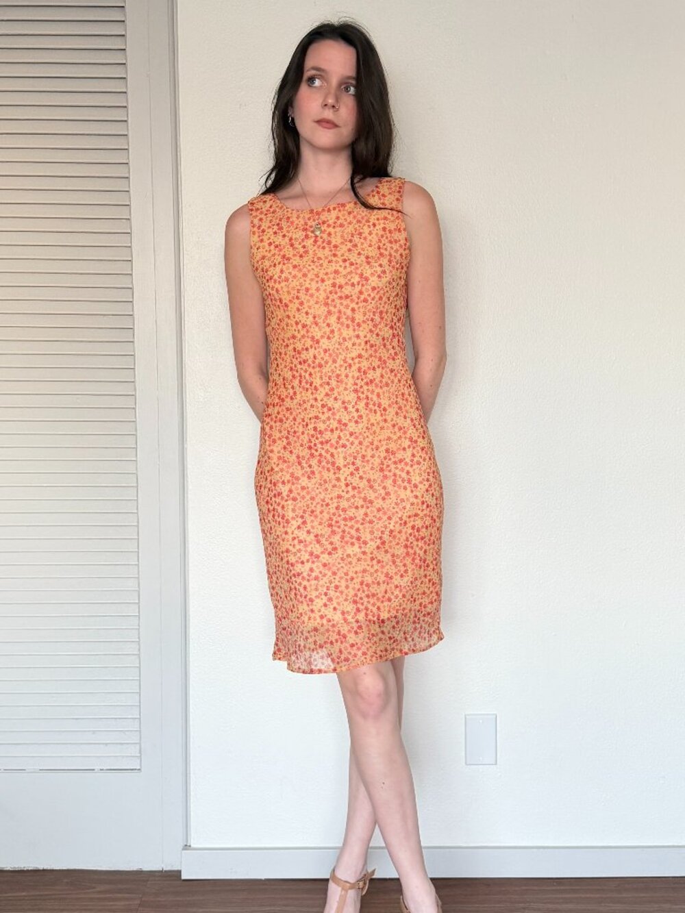 Y2K Tank Mini Dress (S) small orange vintage preppy high neck cute girlie ditsy